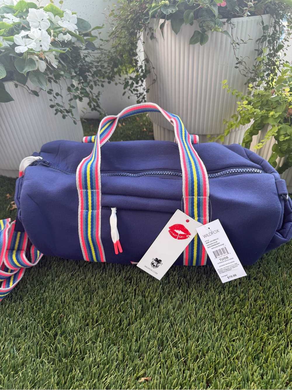 NWT Wildfox Dark Blue Travel / Gym Bag with Multicolor Straps
